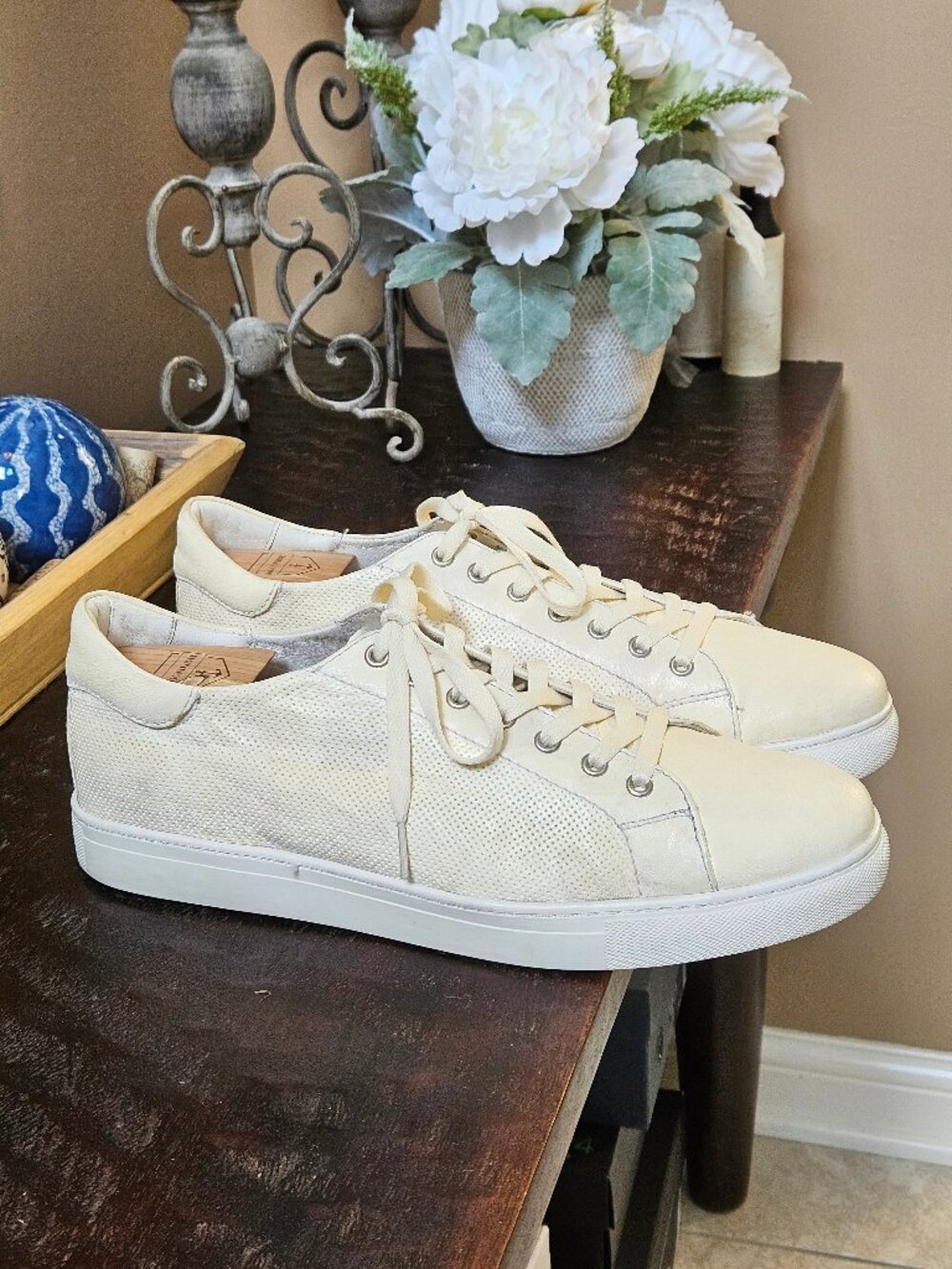 Trask Alder Men's Leather Camo-Style Leather Sneakers, Cream, Sz 12